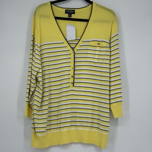 Lands' End 3/4 Sleeve Gold Button Yellow W/navy/white Stripe 2X EUC - Picture 1 of 8